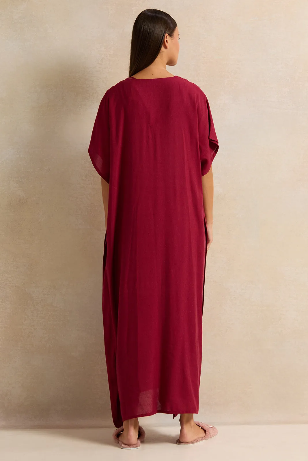 Women Burgundy Embroidery Kaftan Nightgown