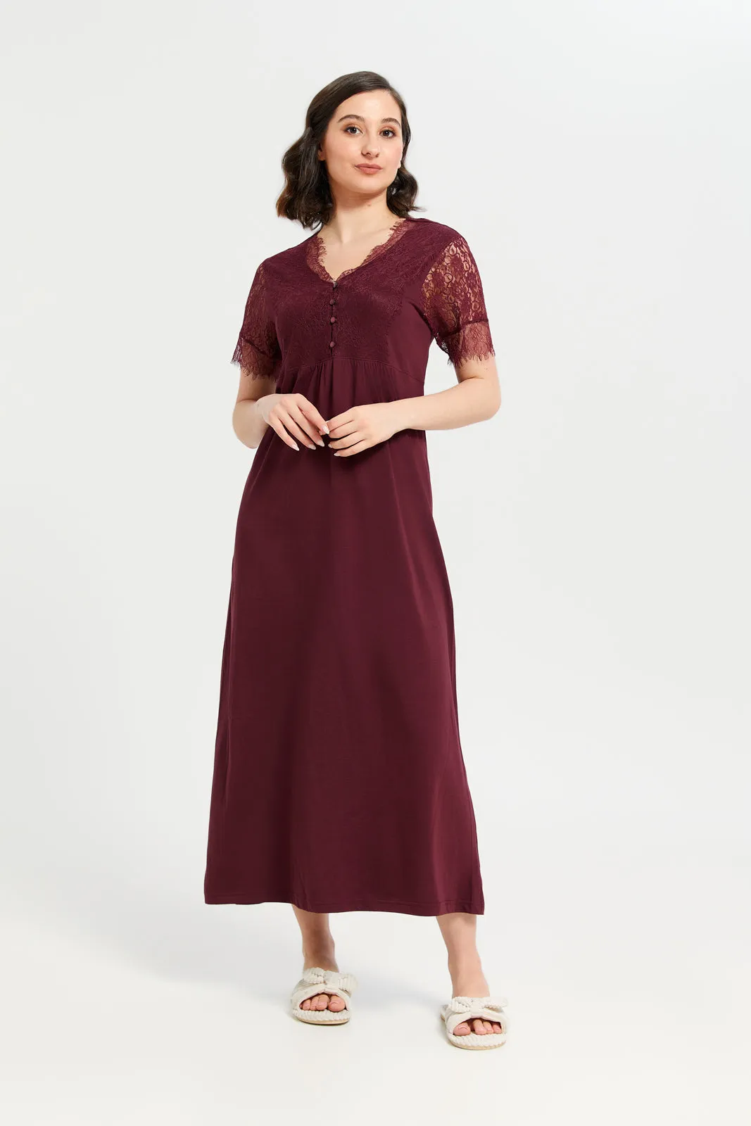 Women Burgundy Lace Knit Nightgown