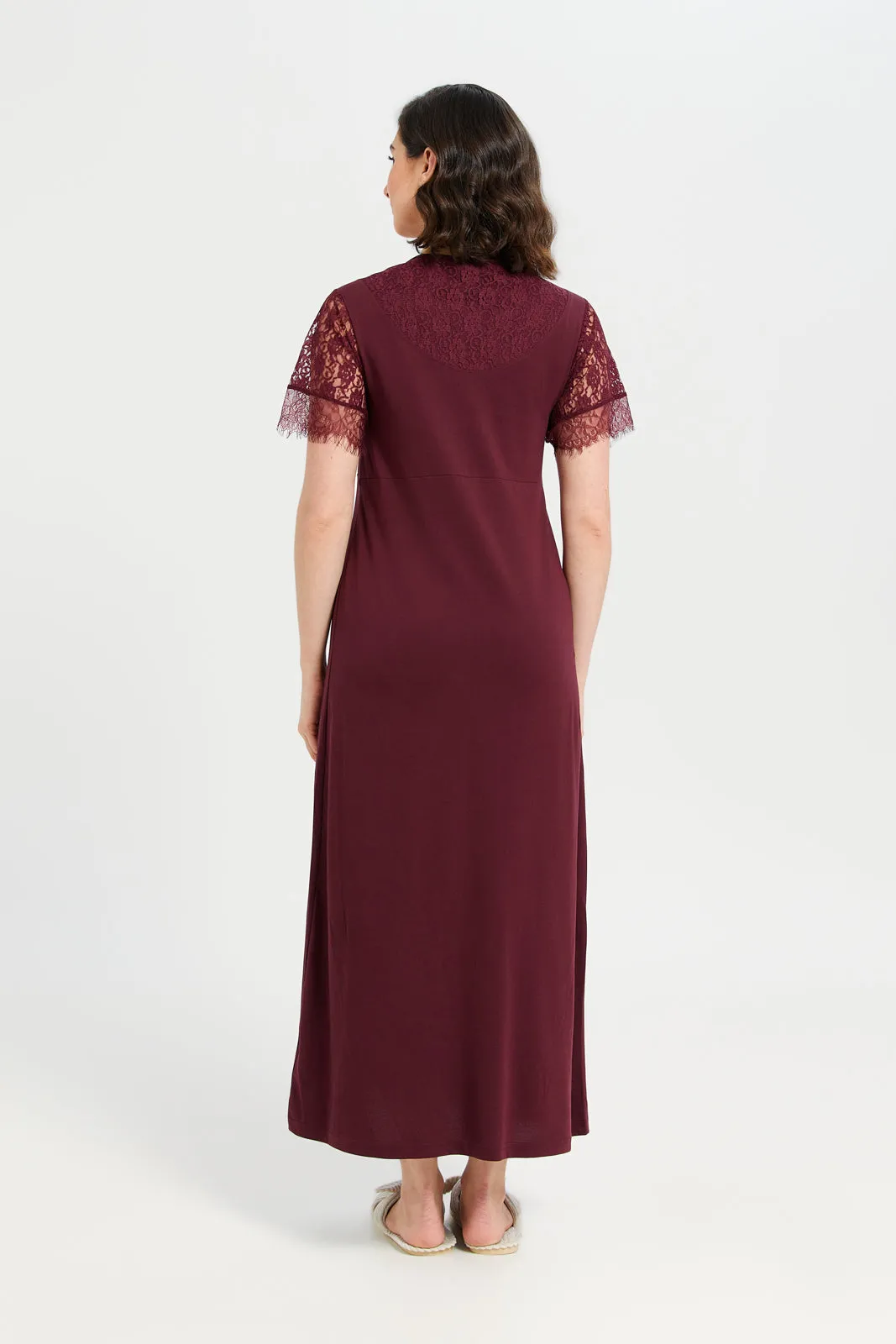 Women Burgundy Lace Knit Nightgown