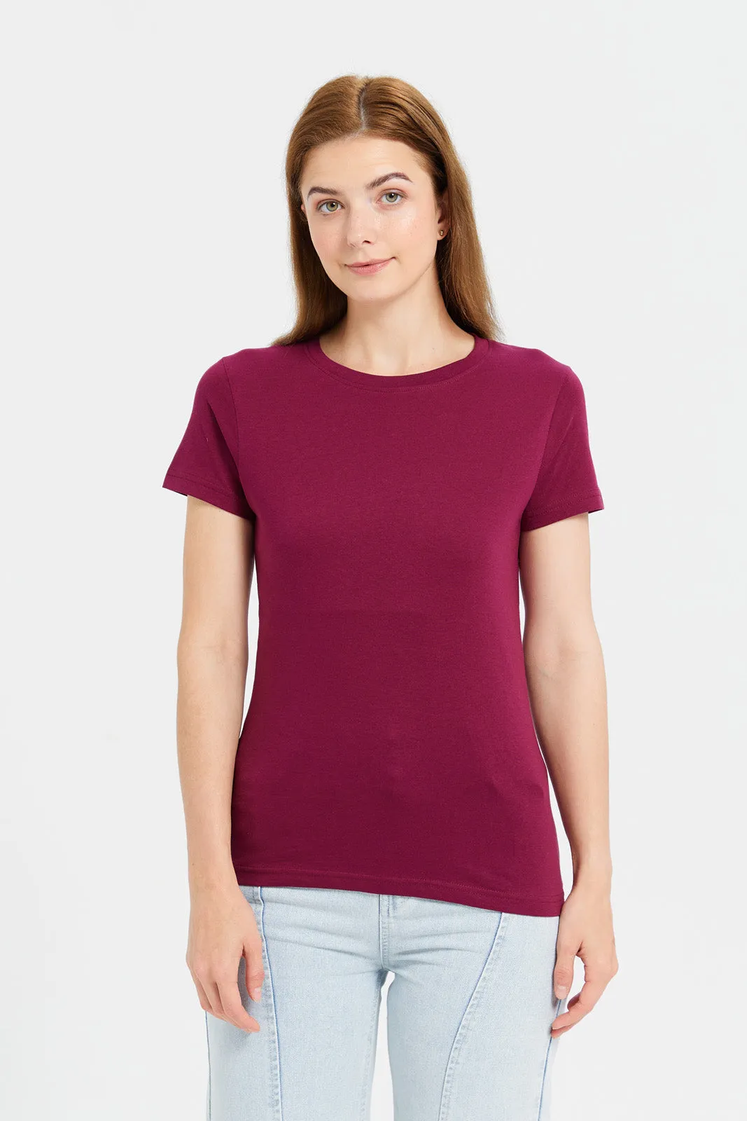 Women Fuchsia Plain Short Sleeve T-Shirt