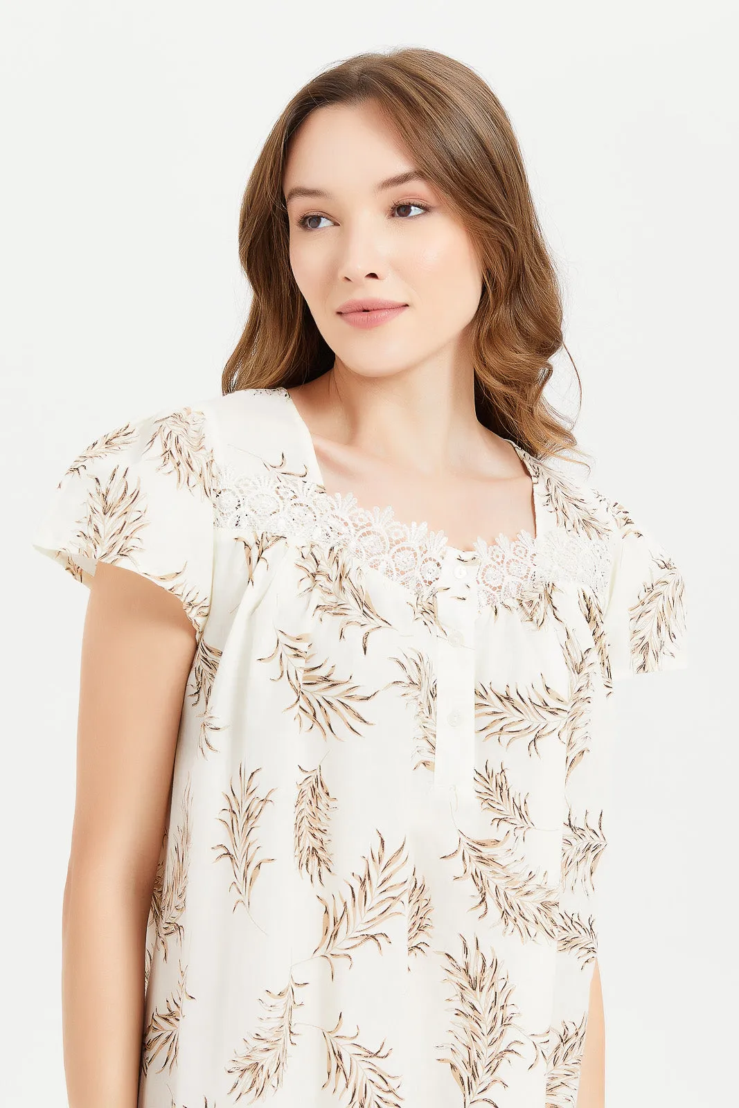 Women Ivory Printed Short Sleeve Nightgown