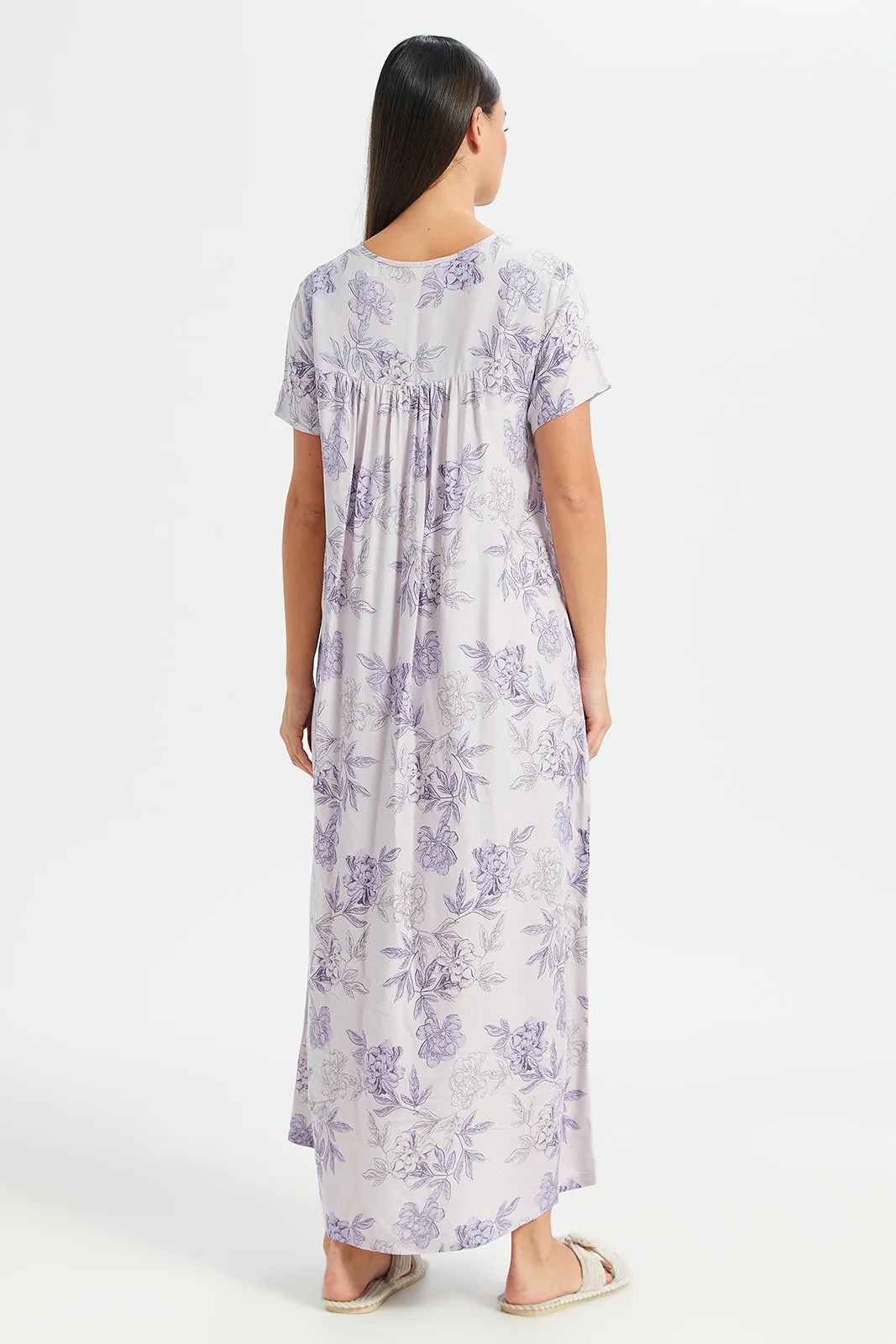 Women Lilac Aop Front Frill Nightgown