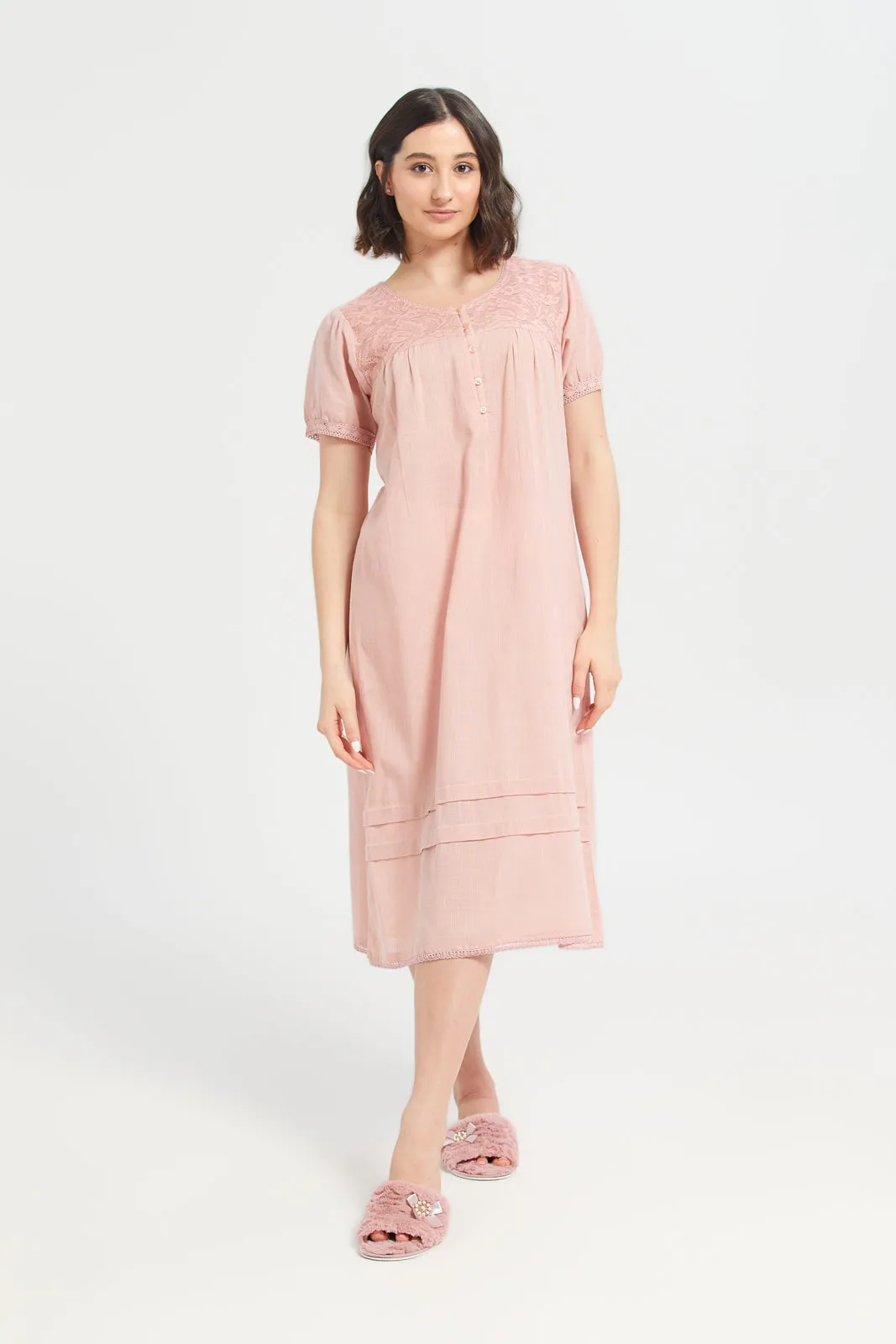 Women Pink Embroidered Lace Nightgown