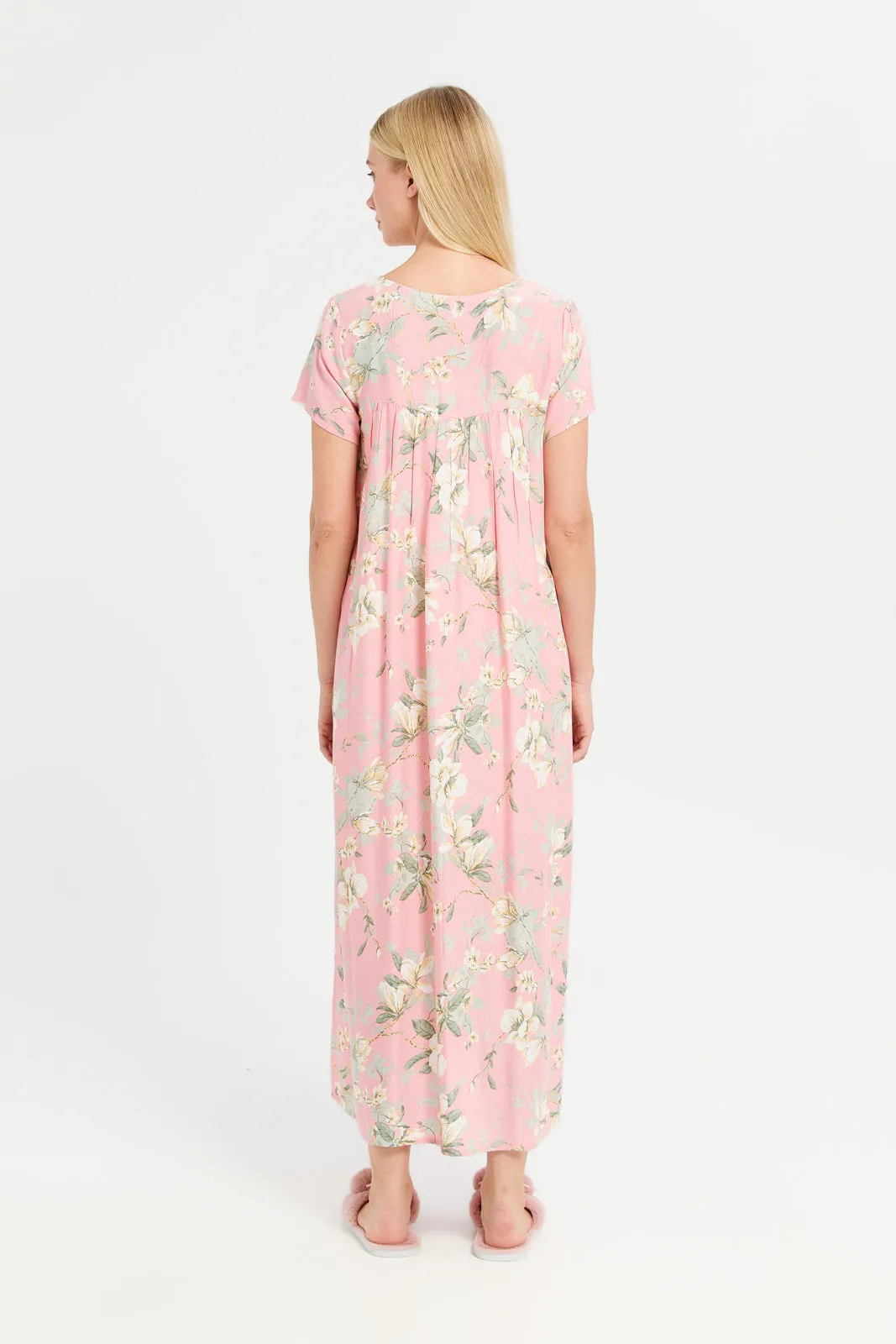 Women Pink Floral Print Lace Nightgown