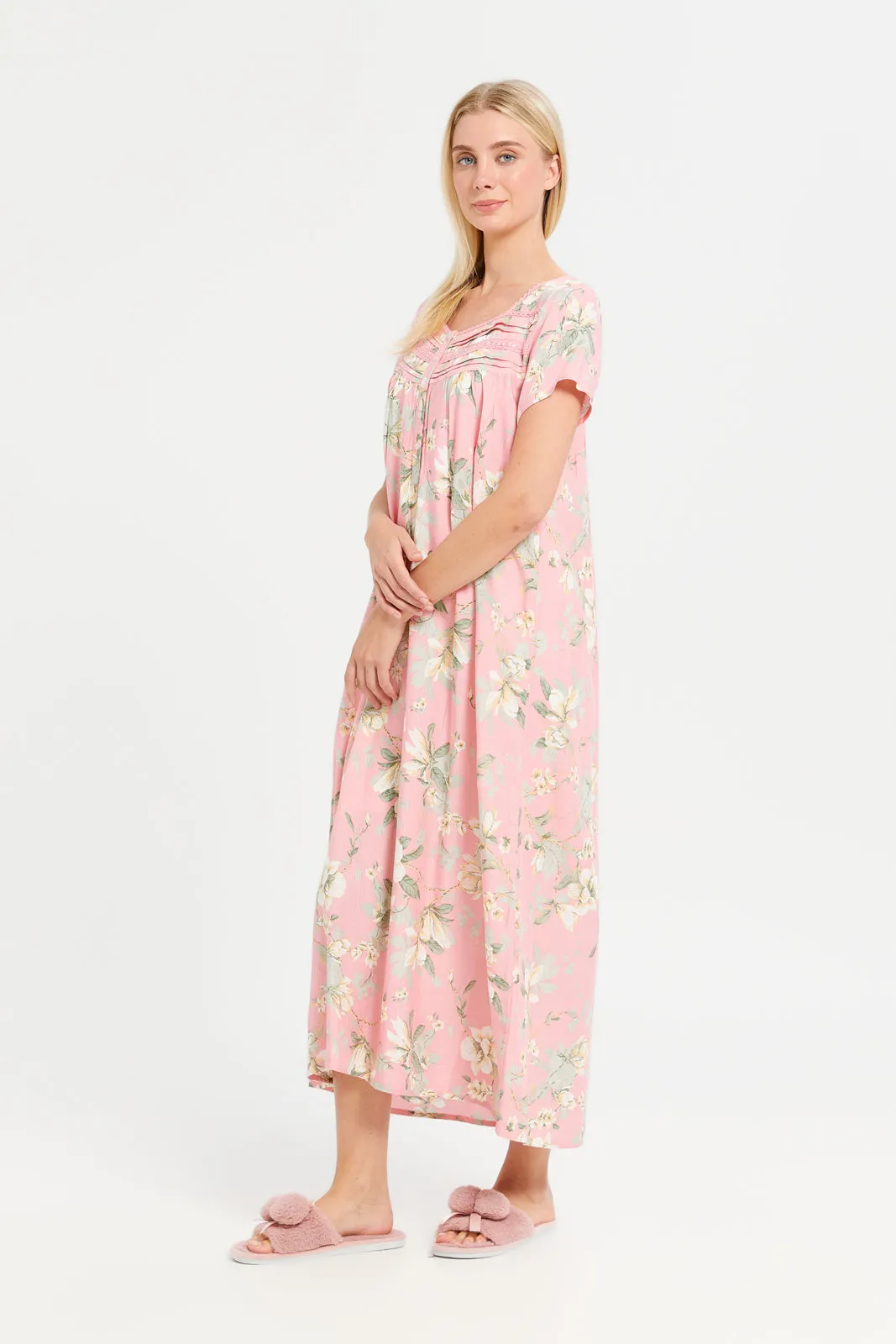 Women Pink Floral Print Lace Nightgown