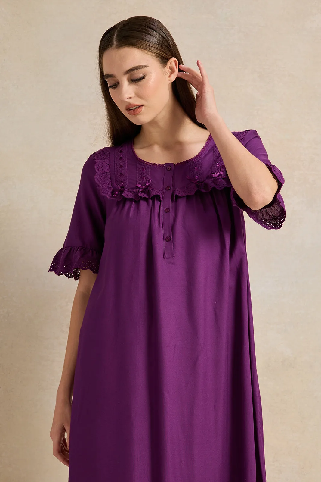 Women Purple With Ruffles Nightgown