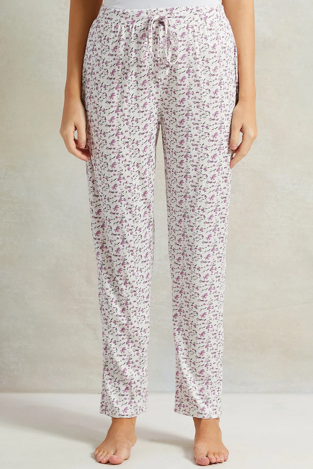 Women White And Purple Floral Printed Pyjama Set (2 Piece)