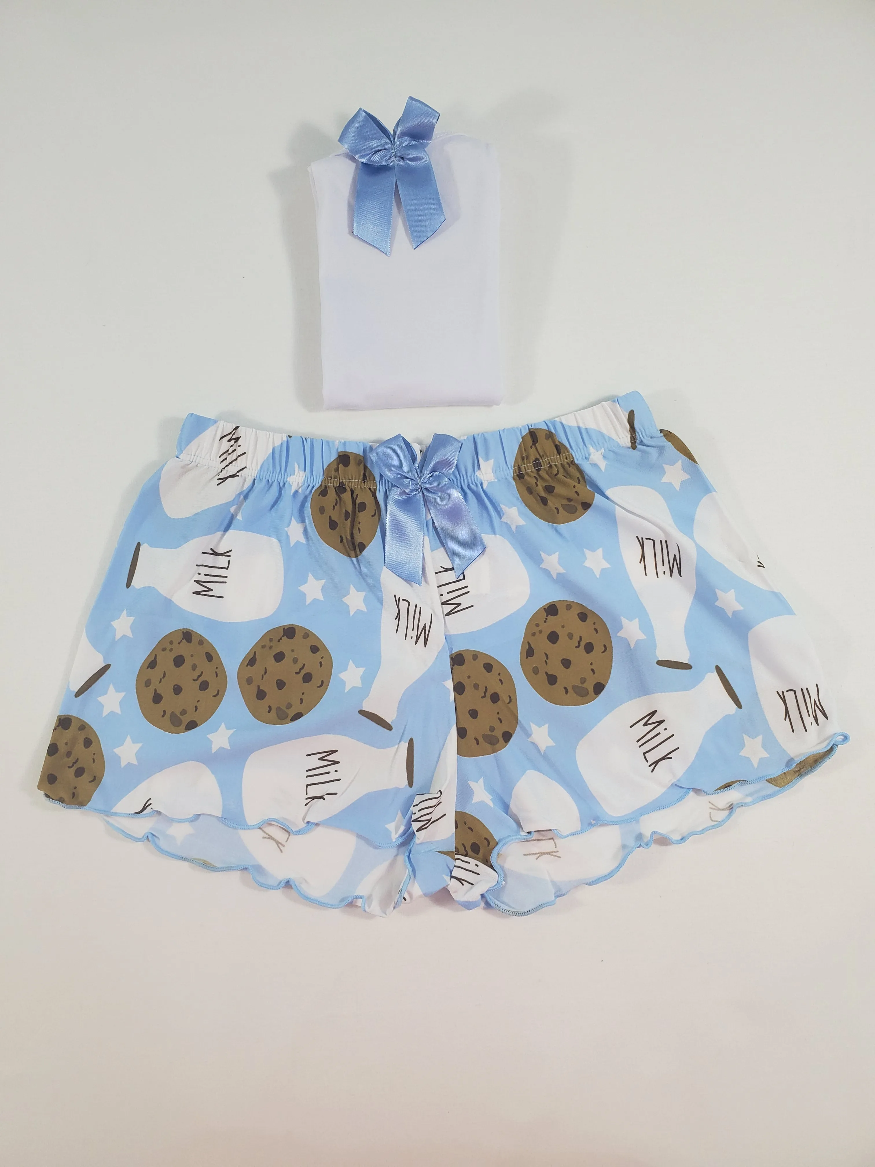 Women's Pajama set blue shorts milk and cookies theme white blouse