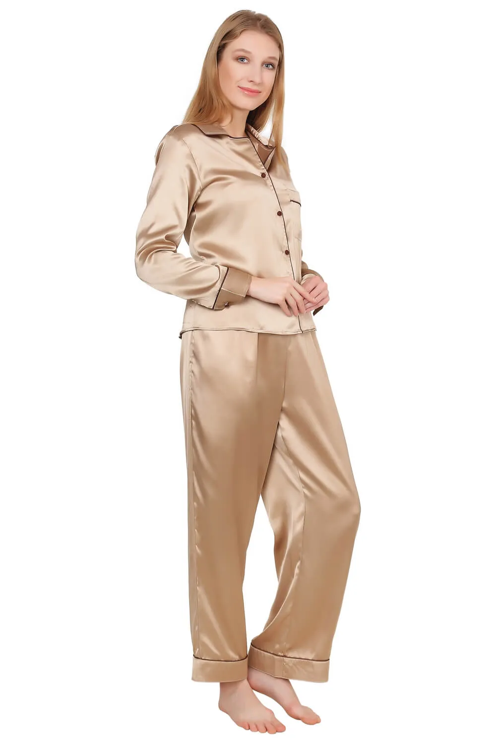 Womens Silk Satin Pajamas Loungewear Two-piece Sleepwear Button-Down Pj Set